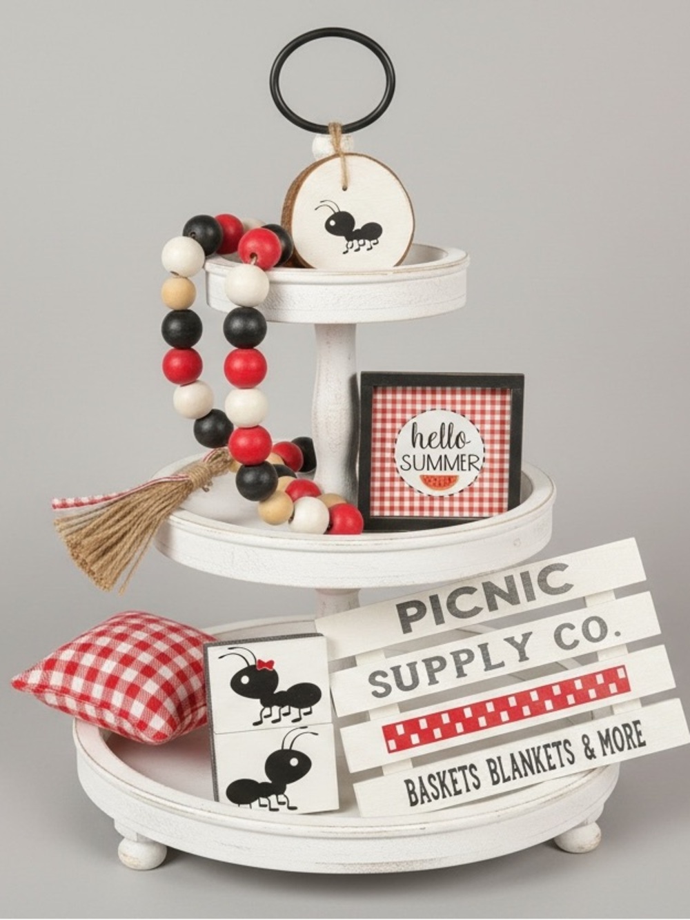 Summer Red White Gingham Ant Watermelon Picnic Tiered Tray Decor